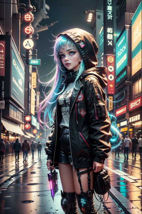 cyberpunk hooded girl standing epic middle of busy bustling Tokyo street, hd wallpaper, captivating neon light hues, symmetry, h...