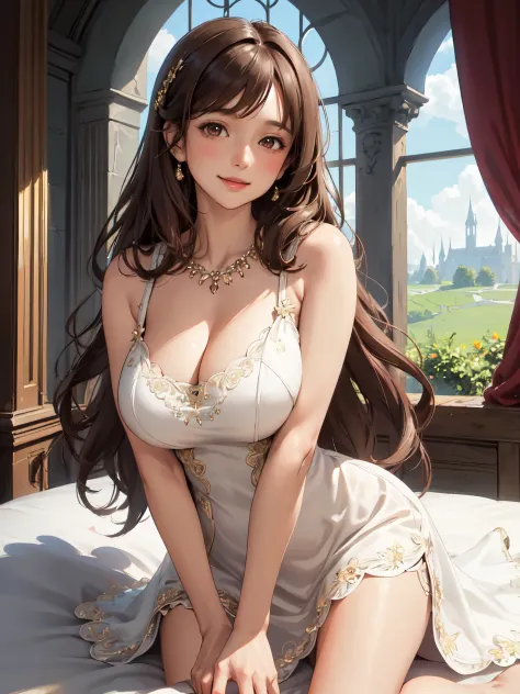 1lady, solo, mature female, long brown hair, parted bangs, brown eyes, (masterpiece, best quality:1.2) delicate illustration, ultra-detailed, kind smile, blush, (huge breasts), cleavage, upper body, necklace, ((elegant dress)), bare arms, castle behind, su...