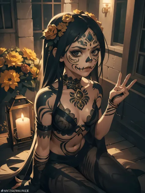 beautiful alluring jenna ortega, tan skin, skeleton bodypaint, day of the dead bodypaint, mexican sugar skull makeup, mexican themed ornaments, night time, day of the dead theme, Ominous Gothic Theme, inside a beautiful flower garden, mexican ornate vest a...