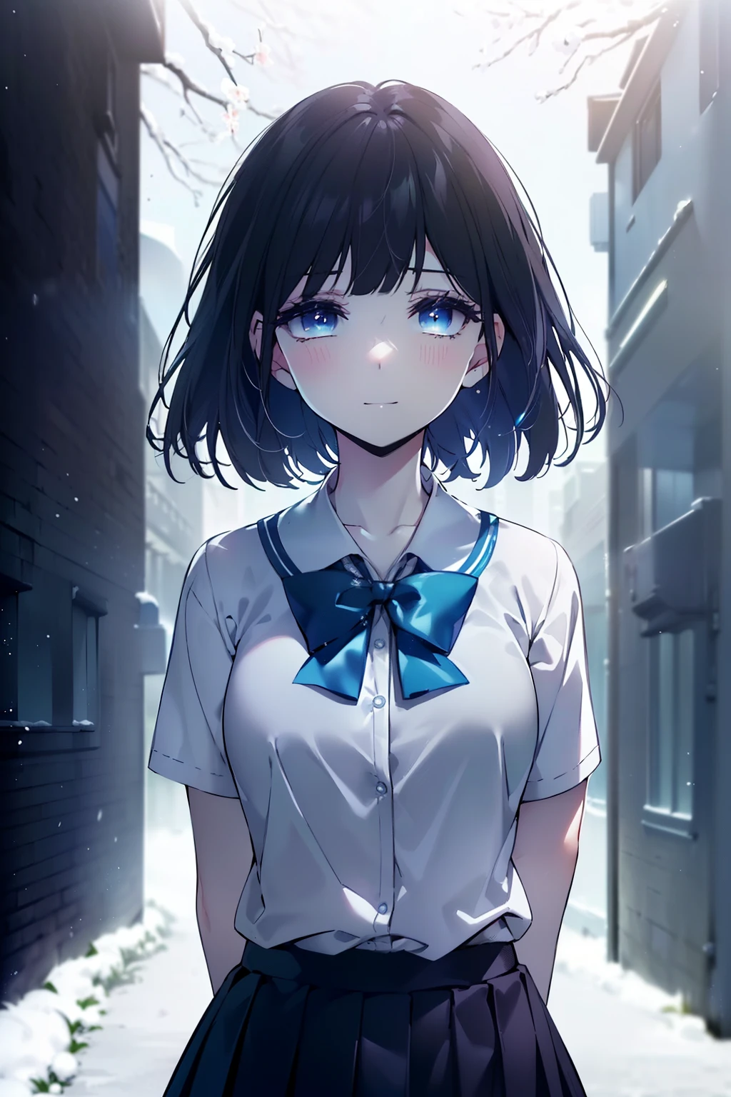 (Obra maestra, La mejor calidad, ultrahigh resolution), 1girl, standing, school uniform, white office shirt, black pleated skirt, ((light brown, light brown hair:0.7), long hair cut, pale skin, ((blue eyes)), glowing_eyes, neon eyes, (ultra detailed eyes, beautiful and detailed face, detailed eyes), ((centered)), smile, ((wide shot)), facing viewer, eye level, (blurry background, bright snowy background, winter), flat chested, looking at viewer, ((half closed eyes)), ((perfect hands)), (((head, arms, hips, elbows, in view))), ((hands behind back)), empty eyes, beautiful lighting, outside, outdoors, background, defined subject, 25 years old,