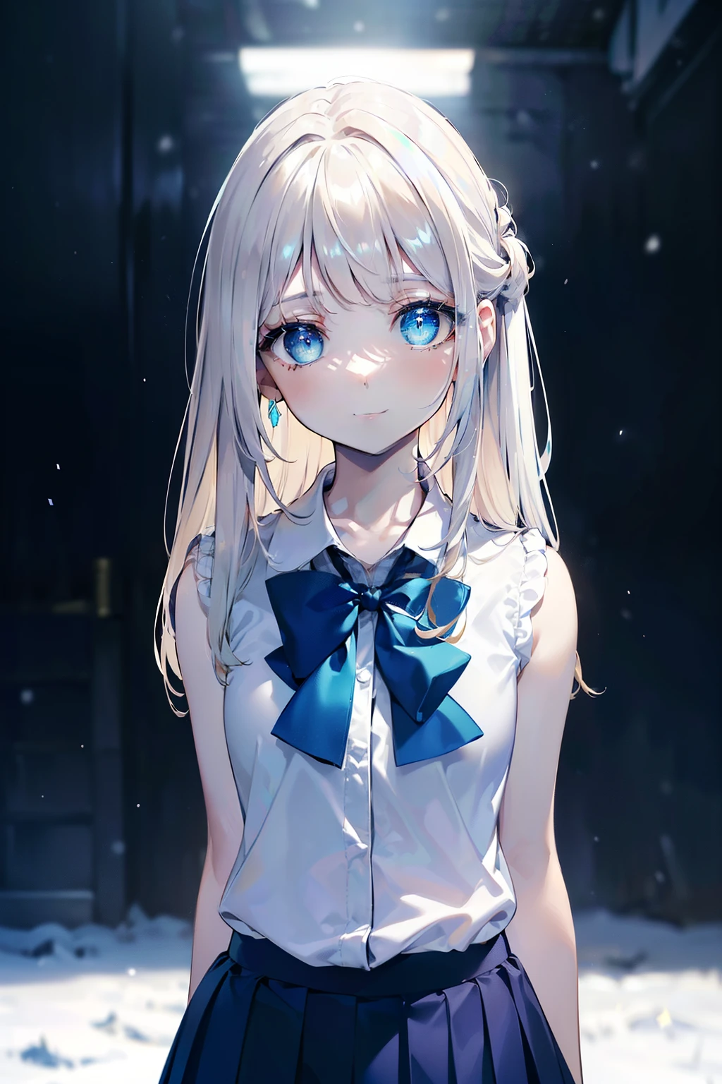 (Obra maestra, La mejor calidad, ultrahigh resolution), 1girl, standing, school uniform, white office shirt, black pleated skirt, ((light brown, light brown hair:0.7), long hair cut, pale skin, ((blue eyes)), glowing_eyes, neon eyes, (ultra detailed eyes, beautiful and detailed face, detailed eyes), ((centered)), smile, ((wide shot)), facing viewer, eye level, (blurry background, bright snowy background, winter), flat chested, looking at viewer, ((half closed eyes)), ((perfect hands)), (((head, arms, hips, elbows, in view))), ((hands behind back)), empty eyes, beautiful lighting, outside, outdoors, background, defined subject, 25 years old,