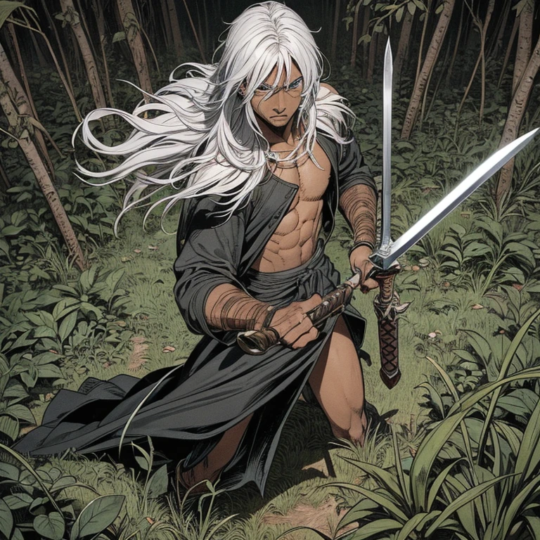 a dark skinned boy, with white hair, with a rblue eyes, aged six years, short kid, strong gaze, amidst the forest, vagabond art style, kentaro miura art style, berserk style, holding sword, high angle , basic sword fighting stance, dynamic pose, comic strip, 4k, realistic.