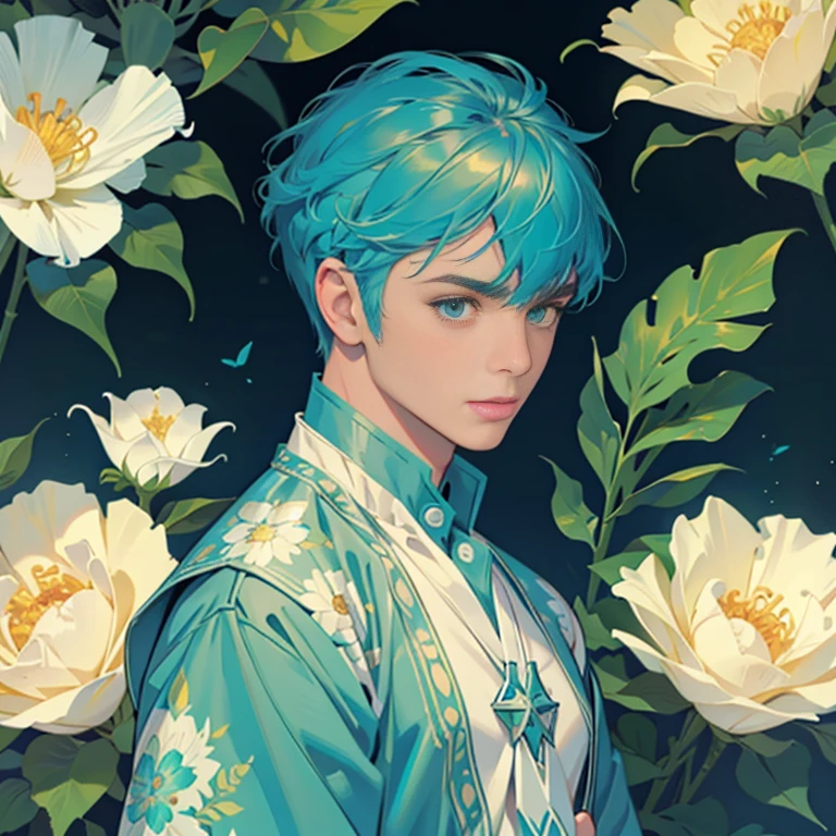 Create award-winning work, Highly detailed vector illustration of comic style wallpaper，Lots of turquoise and creamy flowers, decorated with intricate leaves.a sailor suit