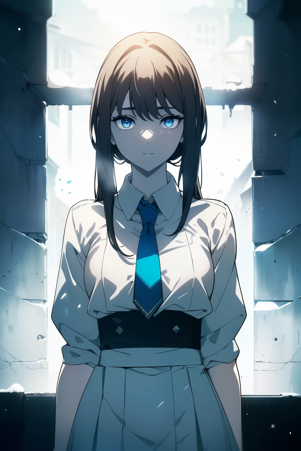 (Obra maestra, La mejor calidad, ultrahigh resolution), 1girl, standing, school uniform, white office shirt, black pleated skirt, ((light brown, light brown hair:0.7), long hair cut, pale skin, ((blue eyes)), glowing_eyes, neon eyes, (ultra detailed eyes, beautiful and detailed face, detailed eyes), ((centered)), smile, ((wide shot)), facing viewer, eye level, (blurry background, bright snowy background, winter), flat chested, looking at viewer, ((half closed eyes)), ((perfect hands)), (((head, arms, hips, elbows, in view))), ((hands behind back)), empty eyes, beautiful lighting, outside, outdoors, background, defined subject, 25 years old,