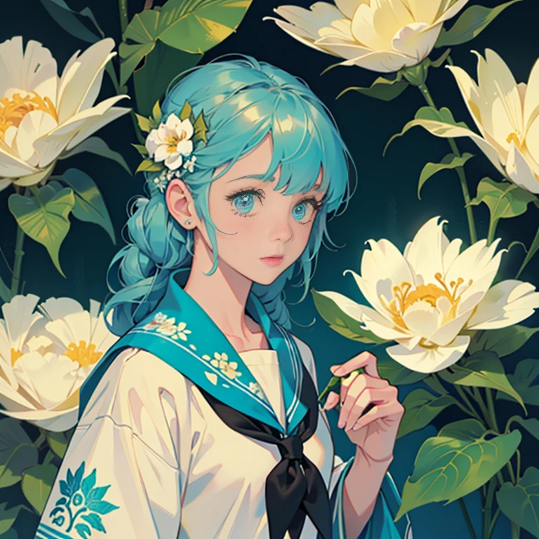 Create award-winning work, Highly detailed vector illustration of comic style wallpaper，Lots of turquoise and creamy flowers, decorated with intricate leaves.a sailor suit、girl with