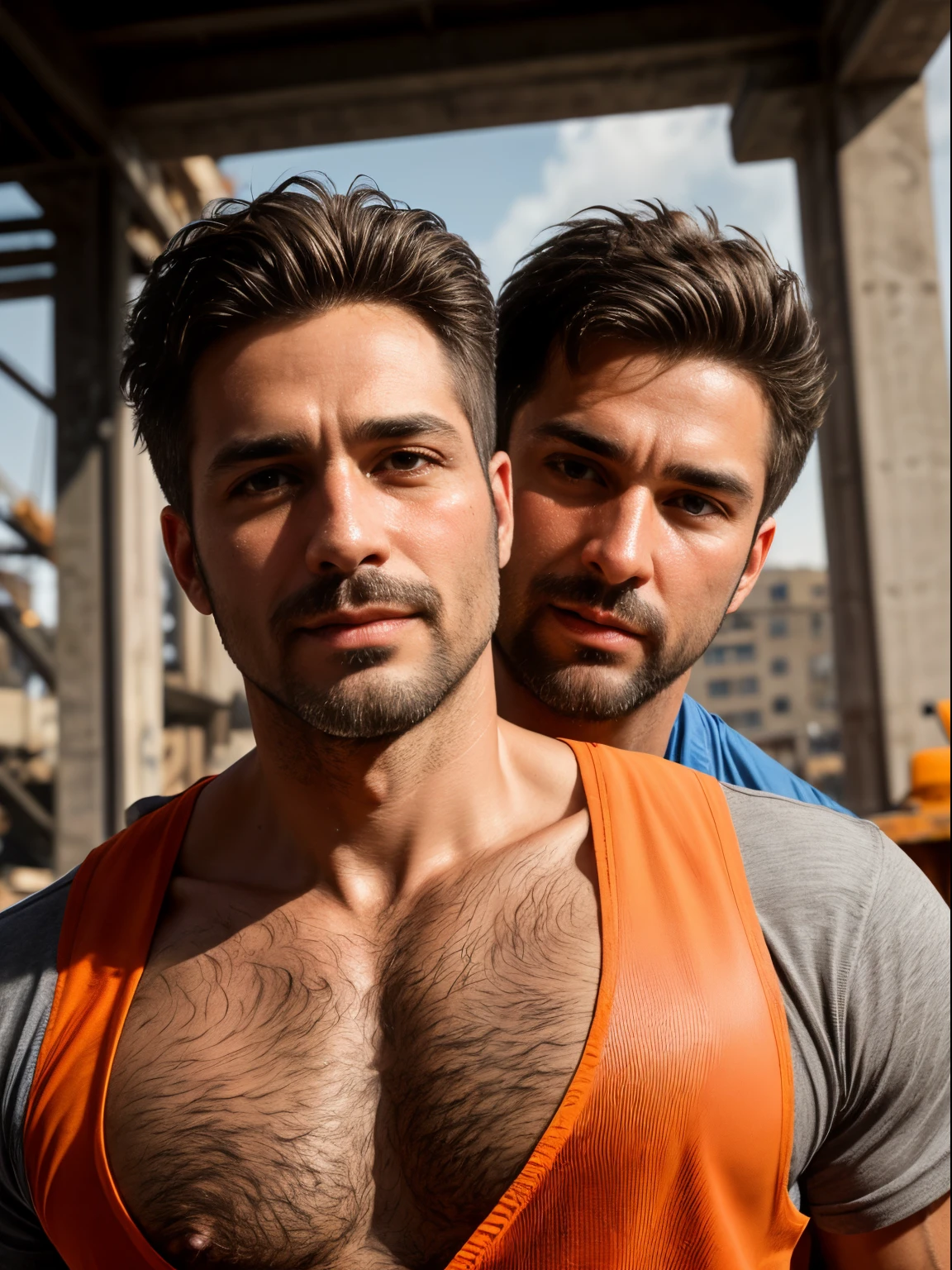 Two men with no shirts on posing for a picture in a construction site -  SeaArt AI