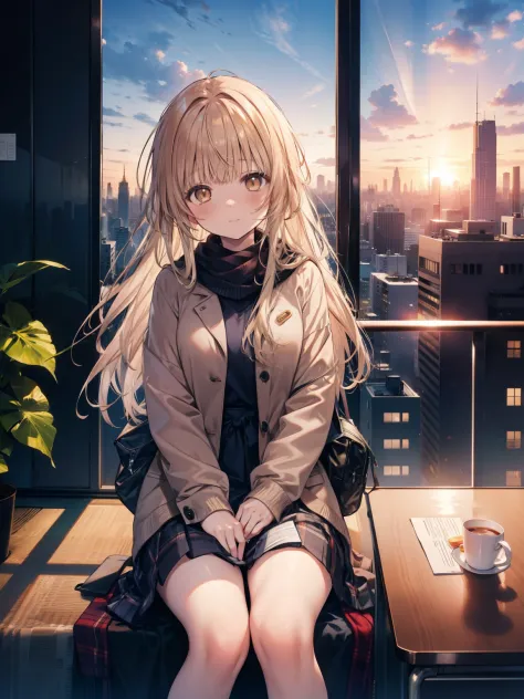 Shiina Mahiru's face, a girl sitting alone in a tall building in the city, with a full view of the tall buildings at sunset
