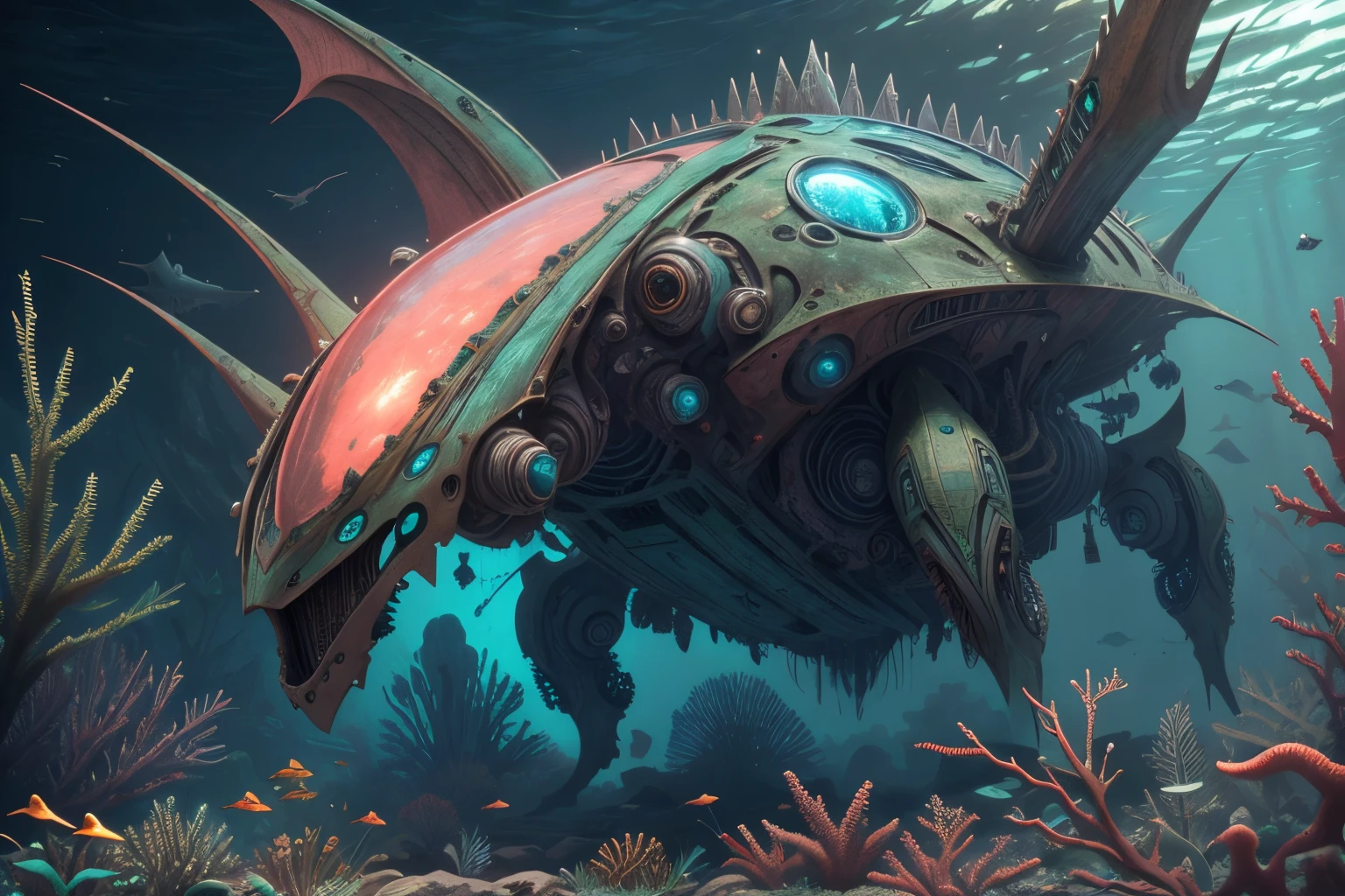 submarino,alta calidad, ,Mech4nim4lAI, [insecto :robot:0.45] ,escena,coral brillante,campo de batalla,escombros,nave alienígena,Lázeres