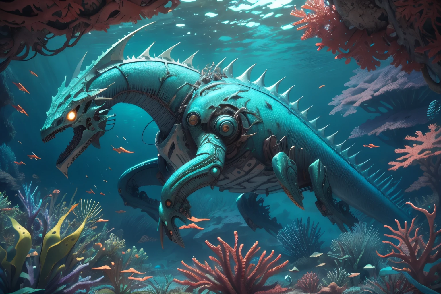 embaixo da agua,alta qualidade, ,Mech4nim4lAI, Dragão do mar :robô:0.45] ,cenário,coral cintilante,campo de batalha,destroços,nave alienígena,Lazeres
