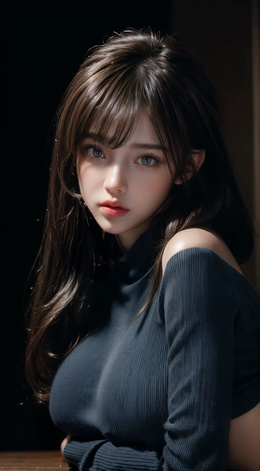 ((Best Quality, 8K, Masterpiece: 1.3)),((Hasselblad photo)), finely detailed skin, clear focus, (cinematic lighting), soft lighting , Beautiful Woman , (Random Hairstyle: 1.2), Ultra-detailed face, Glossy skin, Bangs, big boob , Exposed cleavage, blue Eyes, ((Dark background)), looking at viewer, off shoulder, black sweater, sharp face, open mouse, long bang,