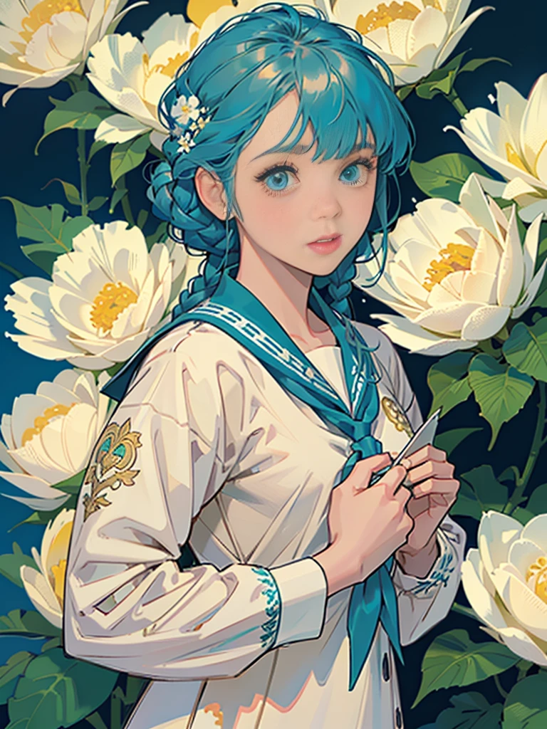 Create award-winning work, Highly detailed vector illustration of comic style wallpaper，Lots of turquoise and creamy flowers, decorated with intricate leaves.a sailor suit、beautiful a girl、high quality eyes、holding a machine gun、Beautiful nose