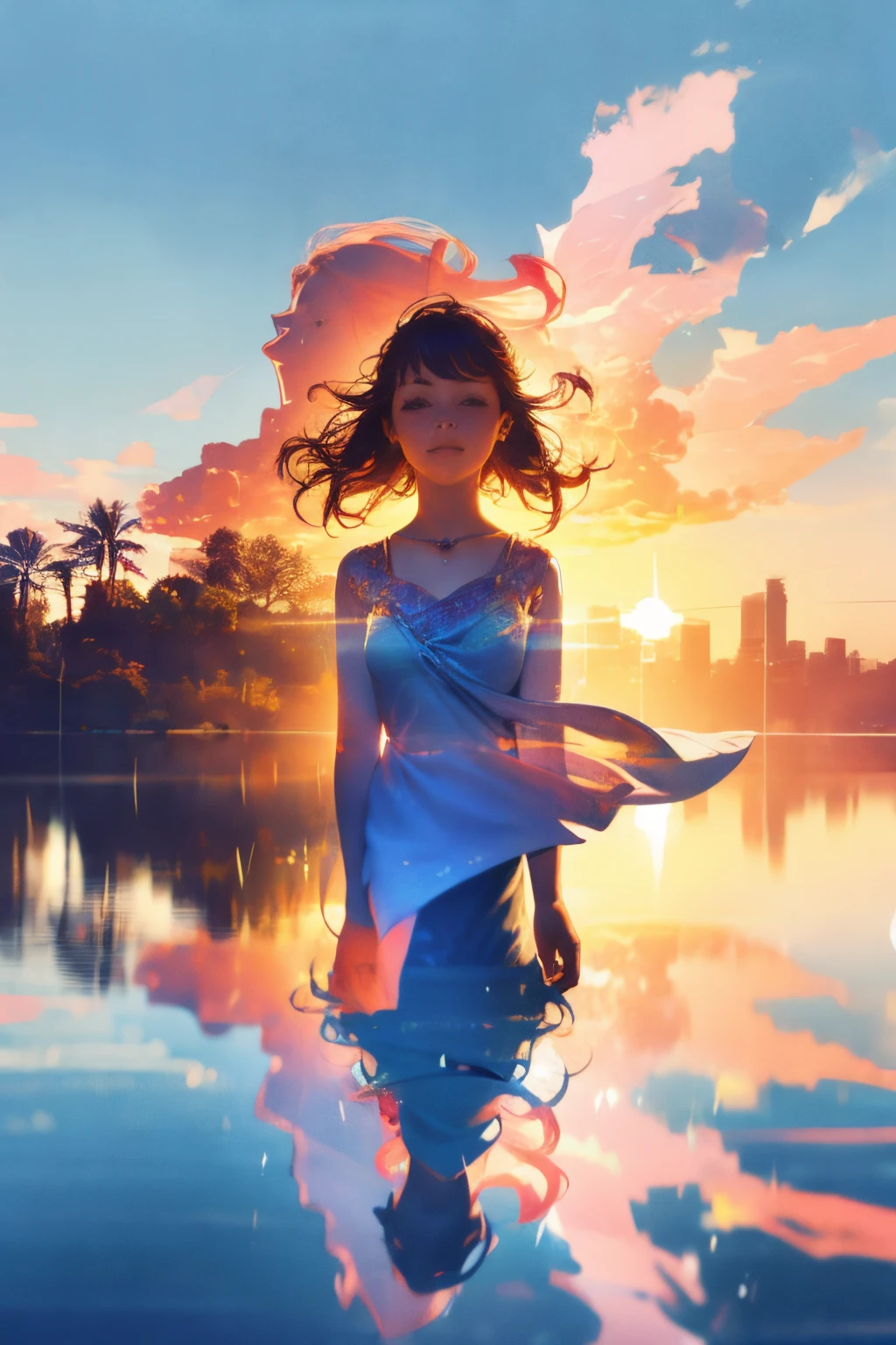 Transport yourself to a magical world with this photo-realistic rendering of a girl, her joyful expression and flowing clothes perfectly complementing the ethereal lakeside setting, enhanced by a striking multiple exposure effect.