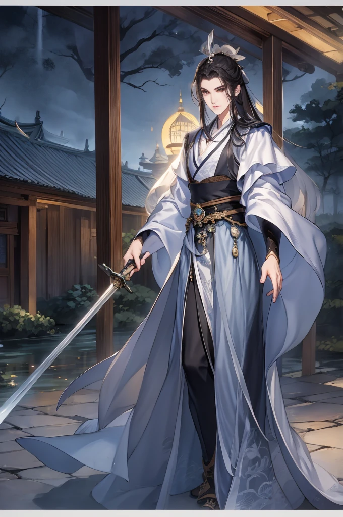 (Best quality,A high resolution,The image  clear:1.2),Ultra detailed backgrounds,Beautiful man standing holding sword，this it，wind blowing through，Chinese style clothes,,Garden scene,under moonlight,waterfall man，Romantic atmosphere,Dutch Angle Shot,gentlesoftlighting,shelmet