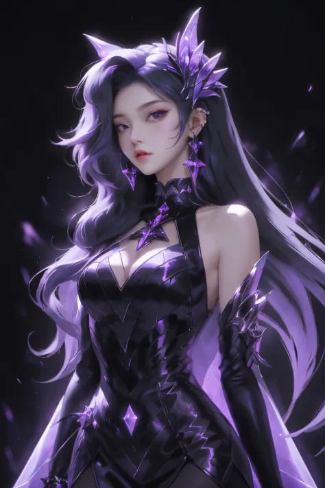 best qualityer， 1girl， kda， 独奏， long whitr hair， black color dress， looking at viewert， The upper part of the body，Purple light hits the girl