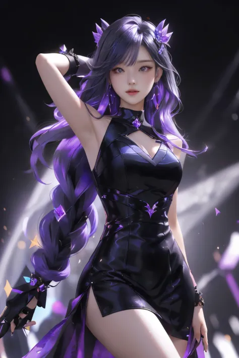 best qualityer， 1girl， kda， 独奏， long whitr hair， black color dress， looking at viewert， The upper part of the body，Purple light hits the girl