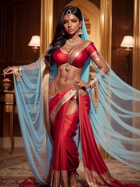 ((ifbb, dark skinned female, indian, mature female, bimbo))
((see-through light blue arabian harem pants)), 
((red silk sari top...