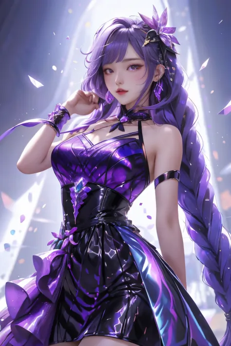 best qualityer， 1girl， kda， 独奏， Two twisted braidlack color dress， looking at viewert， The upper part of the body，Purple light hits the girl