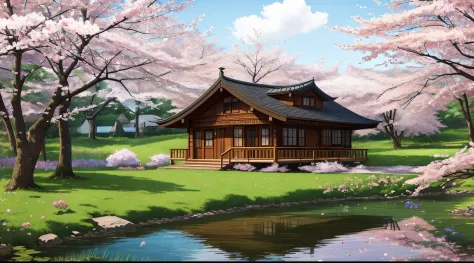 Masterpiece, very high quality, (highly detailed), a small house in the woods, (surrounded by cherry blossoms), next to a lake, ...