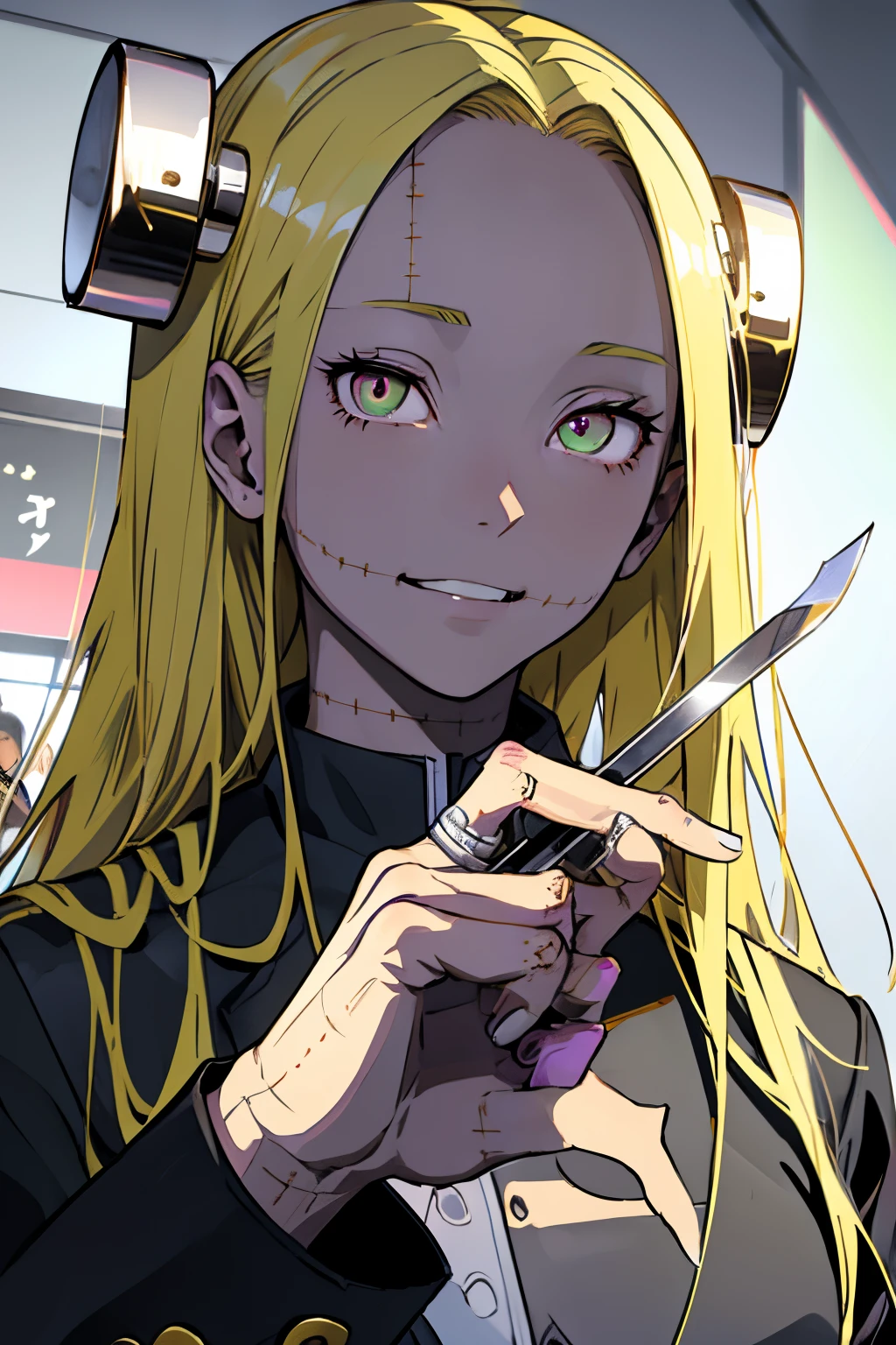 Madaraki_Fran , A  girl, , stands , at the surgeon&#39;s&#39;S&#39;S&#39;S&#39;S&#39;S&#39;S&#39;uniform , (((((Eyes of different colors))))) , clear face , Clean hands , hairlong , yellow hair,seams , Scars on the body , A creepy look , scary eyes , An intimidating look, crazy eyes , yandere , scalpels in hands , veins in the background,Background ,creepy smile , Fine Fingers , Clear hands ,