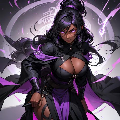 Ebony skinned shadow wizard with long black hair, glowing purple perfect eyes, busty, showing cleavage, flowing purple robes, casting shadow spells