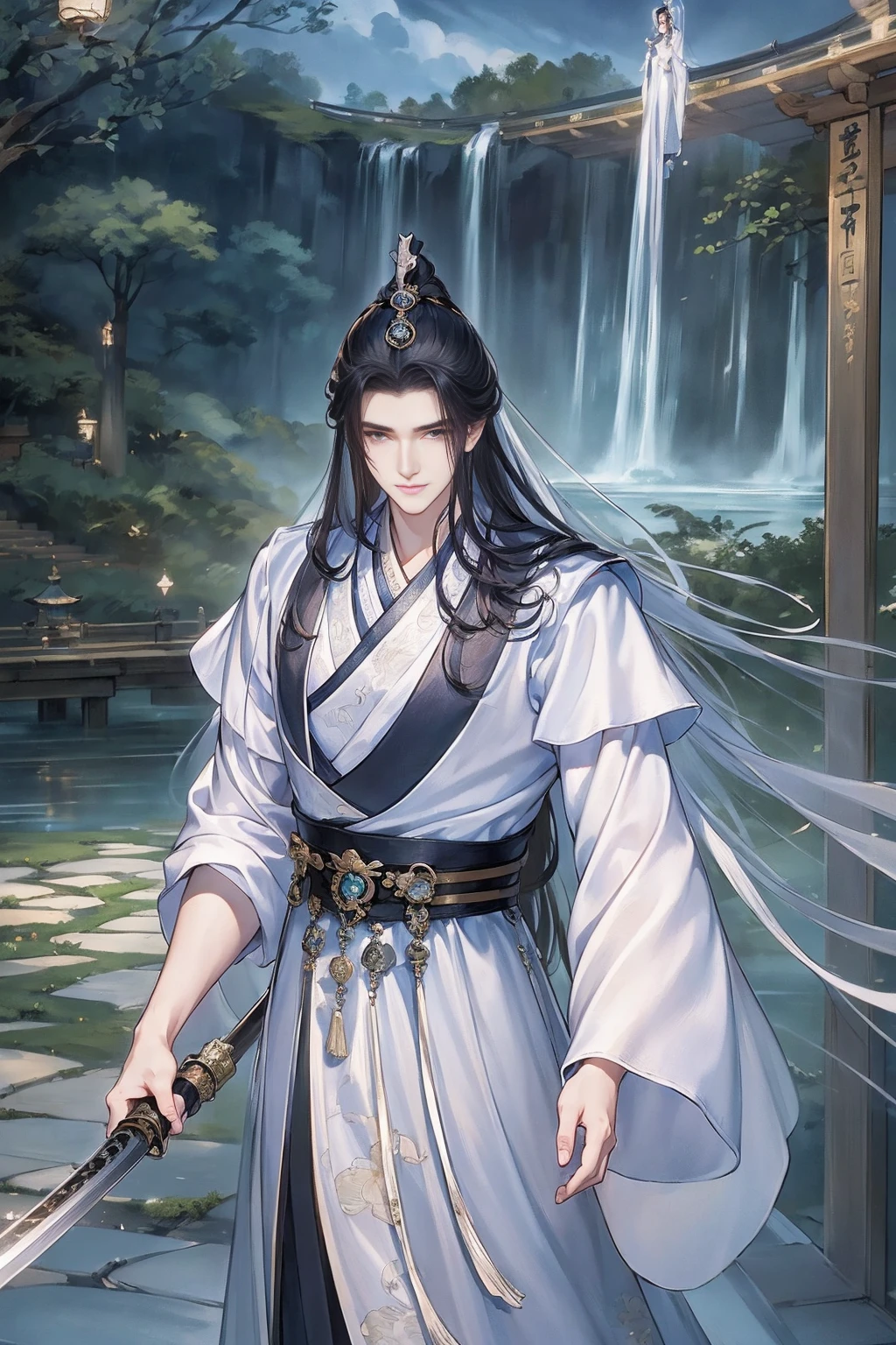 (Best quality,A high resolution,The image  clear:1.2),Ultra detailed backgrounds,Beautiful man standing holding sword，this it，wind blowing through，Chinese style clothes,,Garden scene,under moonlight,waterfall man，Romantic atmosphere,Dutch Angle Shot,gentlesoftlighting,shelmet