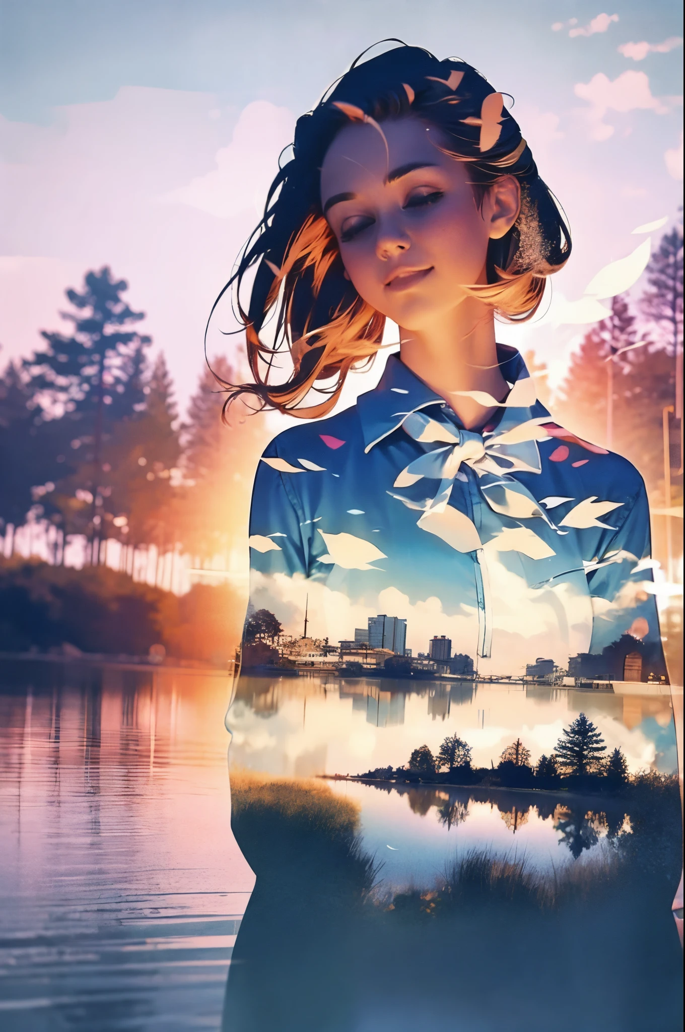 Amazingly realistic smiling girl images, Her clothes blend into the dreamy lakeside background, Enhanced further with mesmerizing multiple exposure effects.