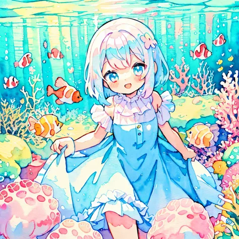 (Pastel Color: 1.5), (Cute Illustration: 1.5), (Watercolor: 1.2), blue background, one girl, smiling, underwater, dress, clownfi...