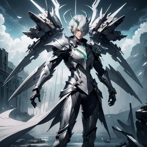 Master piece, 8k, ultra detailed, silver armor, emerald encrusted, slender man, light grey hair, cyan eyes, haughty face, full b...