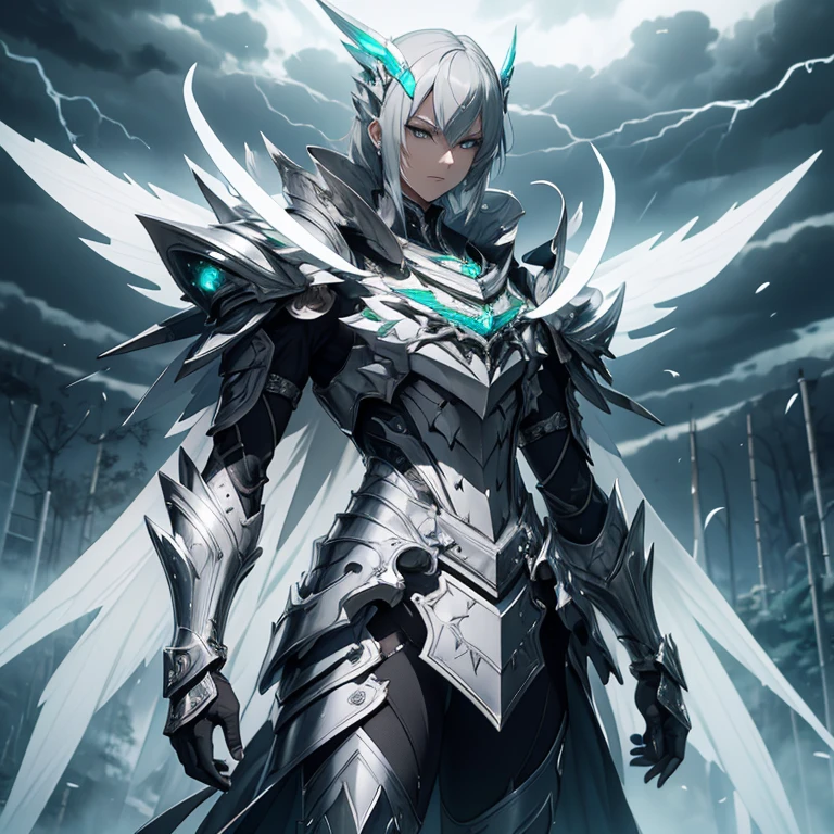 Master piece, 8k, ultra detailed, silver armor, emerald encrusted, slender man, light grey hair, cyan eyes, haughty face, full body frame, hurricane and lightnings background