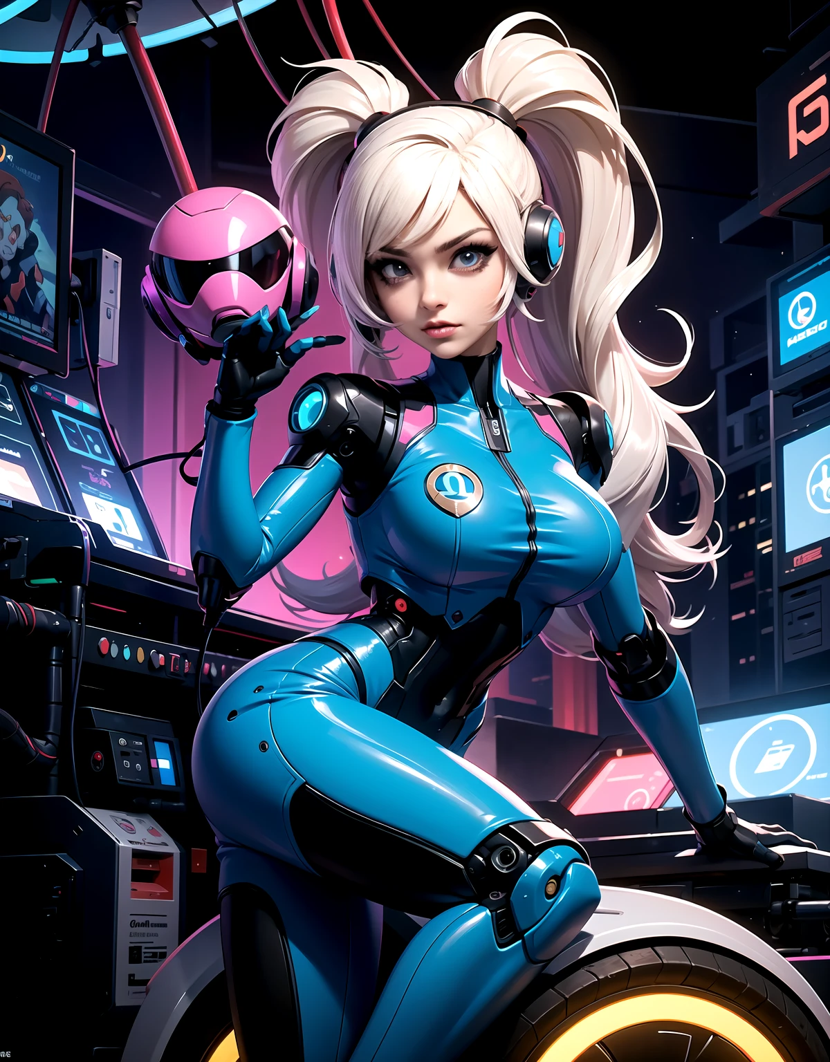 A beautiful 1woman in a cybernetic costume,retrofuturista,tetas grandes,Postura de yoga ,cana,Neon lights,The Future of Robotic Costumes,cabello blanco,cabello blanco, Mascara de robot quantica,mascara de megaman ,cara de robot cables y tornillos