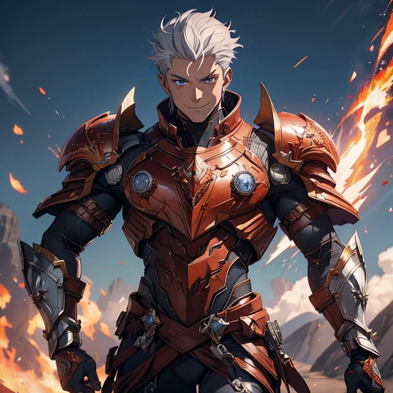 Master piece, 8k, ultra detailed, red armor, fire opal encrusted, muscular man, grey hair, blue eyes, confident smile, full body frame, vulcan eruption and blue lightnings blue light background