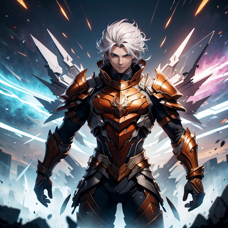 Master piece, 8k, ultra detailed, red armor, fire opal encrusted, muscular man, gray hair, blue eyes, confident smile, full body frame, vulcan eruption and blue lightnings blue light background