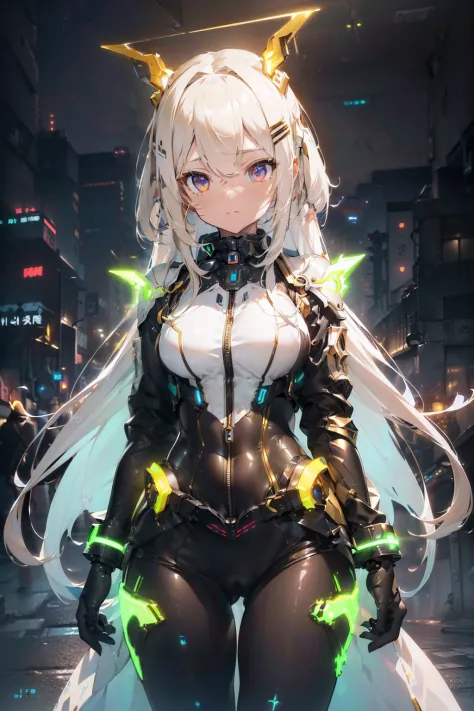 Arknights girl (masterpiece), best quality, expressive eyes, (((in hyper realistic and detailed neon-lit sci-fi plugsuit golden ...