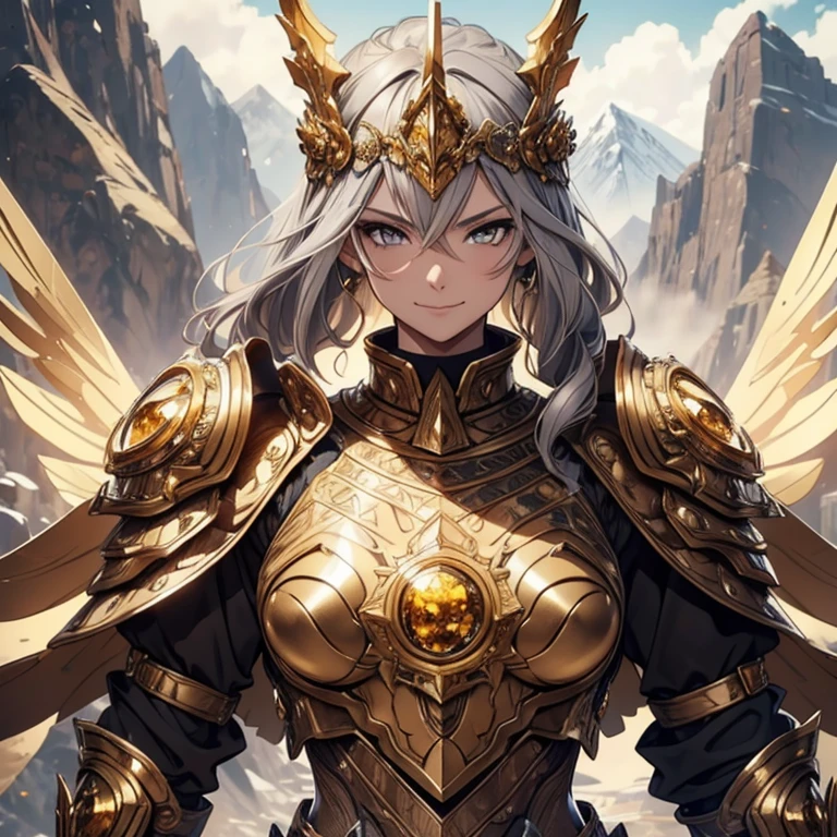 Master piece, 8k, ultra detailed, bronze armor, yellow topaz encrusted, woman, browny grey hair, browny grey eyes, smiley face, full body frame, andes mountain range background