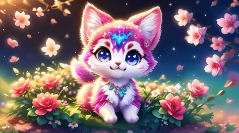 Cute surreal little，have different colored eyes，Wearing a necklace, tchibi, Lovely and fluffy, Logo design, slice, movie light effect, Big breasts are charming, 3D vector art, Cute and quirky, Fantasyart, bokeh, handpainted, digitial painting, gentlesoftli...