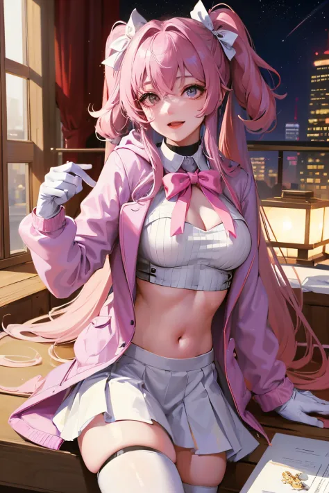 tmasterpiece, Best quality at best, As estrelas, looking over city, intense shading, actual, a true, unbelievable_Huang Li, Wallpapers, Colorful, girl, Long gray hair, with pink hair, curlies, view the viewer, Smilingly, Excited, ribbed sweater, hoody ,(Lo...