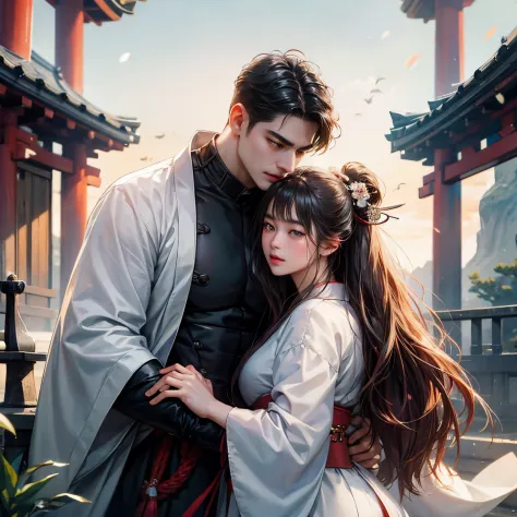 Large-scale, Realistic, ultra-detailliert, 1:5, Four months, A new legendary era, concept-art、a couple、ancientry、❴Samurai man and ninja woman❵、lovemaking、(two beautiful faces)、Japanese-style atmosphere、jpn、Beautiful depiction、dramatic compositions、A depict...