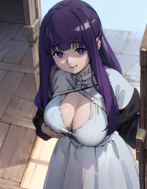 (Best Quality, Masterpiece),sexy, erotic, 1girl, 18 years old, Contempt, pride, long purple hair, looking at viewer, medival tabern, (standing), ((dark room)), sweat, ((cleavage)), white dress, from below, warm light, ((breast grab)), excited, (happy), ((m...
