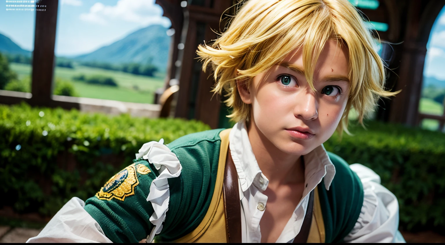 masterpiece, best quality, ultra-detailed, illustration, 1boy, solo, male focus, looking at viewer, upper body, depth of field, meliodas_nanatsu_no_taizai, , blonde hair, green eyes, long sleeves