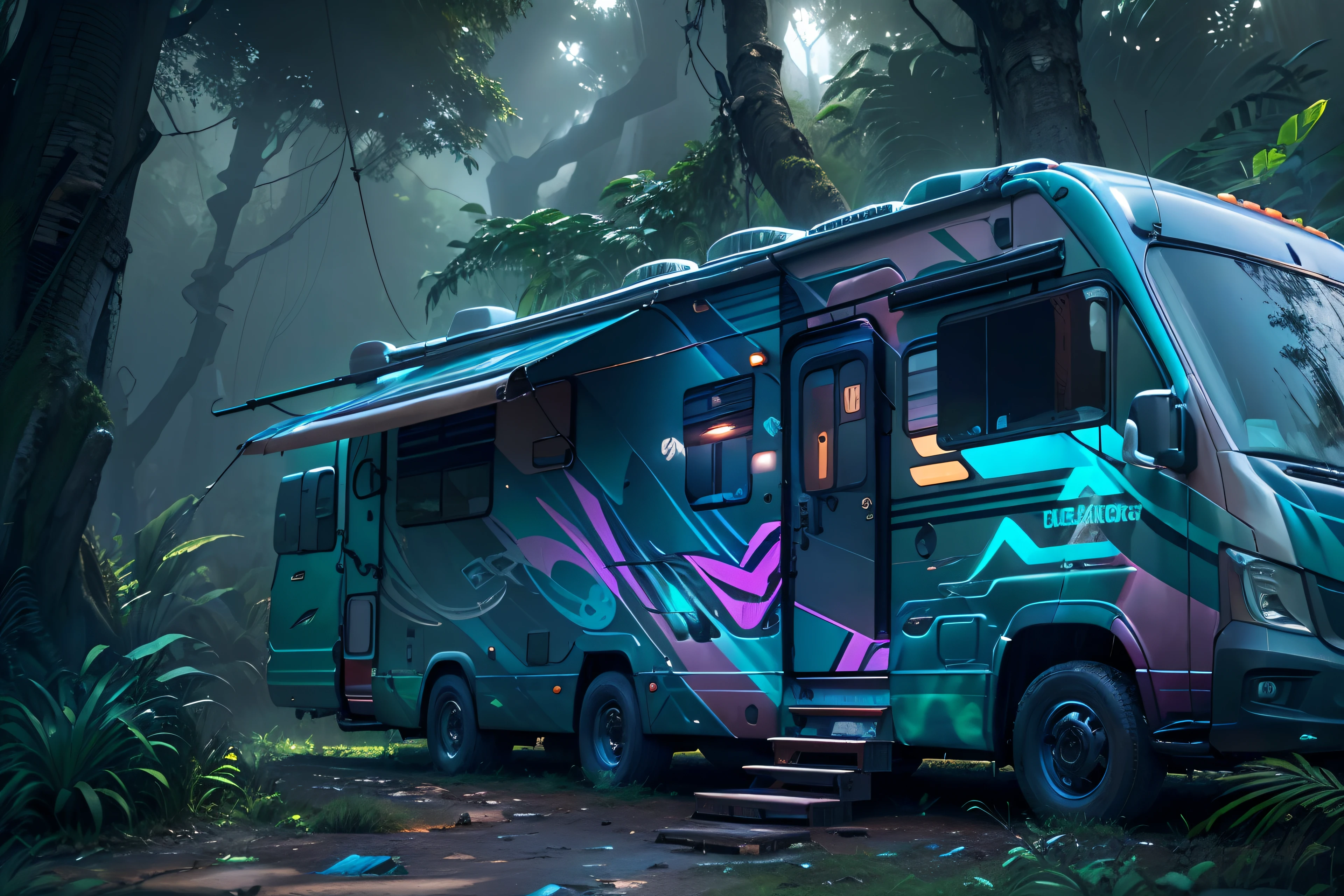 Cyberpunk style RV image, Blue and purple neon signage，Abstract graffiti on motorhome, in jungle，(8K, Award-winning, Best quality at best, A high resolution, high detal, Anatomically correct, ctextured skin, 1 girl:1.3),(RV:1.3)Fly with high technology