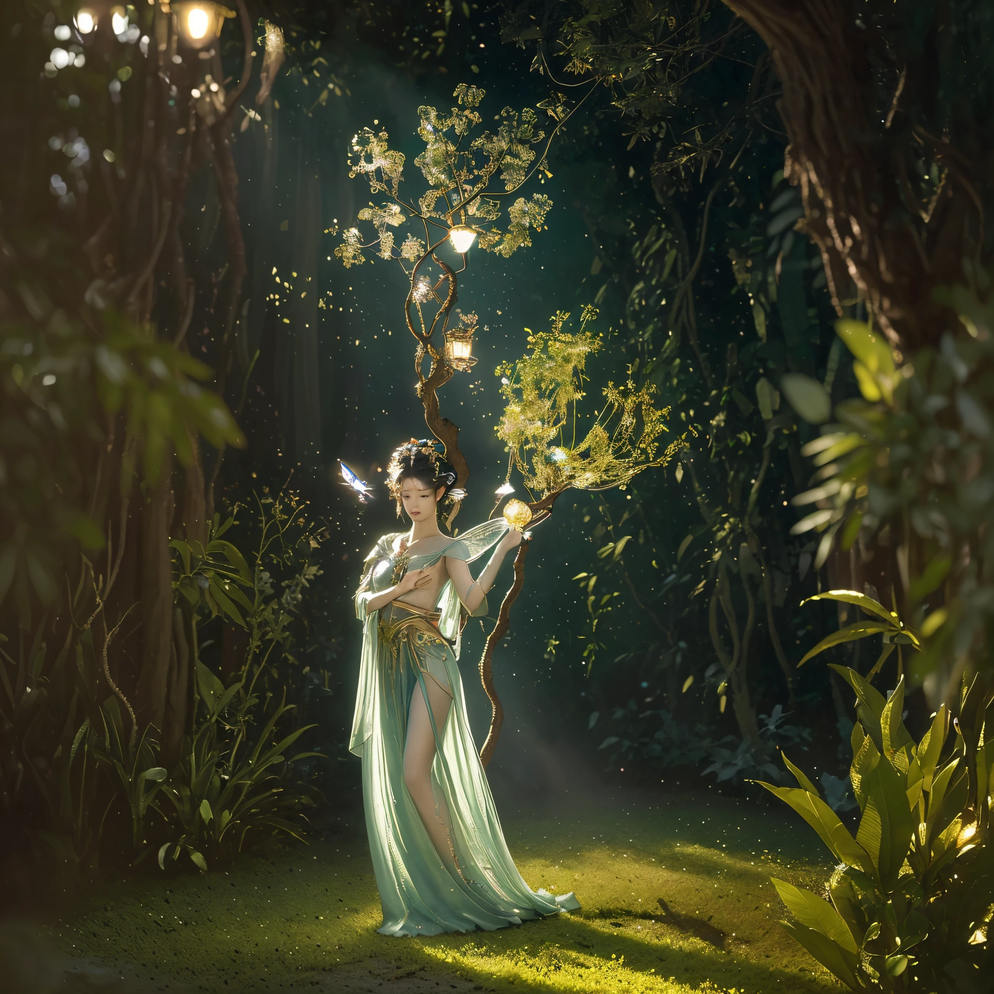 tmasterpiece, 1 Fairy, Flying fairies,  a perfect face, optics, Glass Tree Forest, dramatic lights,  ultra - detailed, Floating lights, depth of fields, (shining dust)