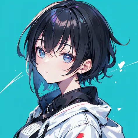 (masutepiece:1.2, Best Quality),  [1 girl in, expressioness, Turquoise eyes, Slate-gray hair, half short cut hair,White Jacket,jacket comes off, ]