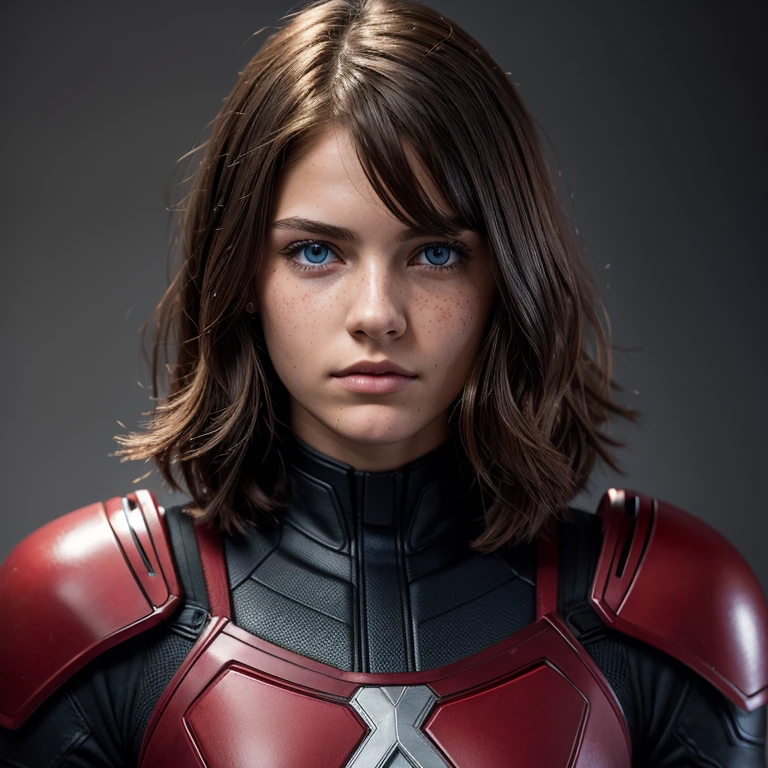yearbook photo of a 16 years old girl, beautiful face, (blue eyes), (jaw length wavy shag haircut), very light brown hair, freckles, toned build, (red and black x-men armor), female lead character, pouty look. moody lighting, cinematic