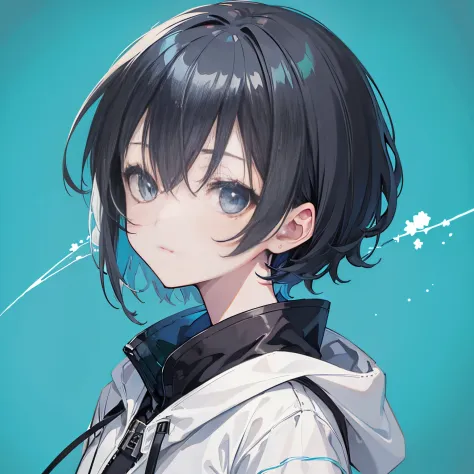 (masutepiece:1.2, Best Quality),  [1 girl in, expressioness, Turquoise eyes, Slate-gray hair, half short cut hair,White Jacket,jacket comes off, ] (Gray white background:1.7),