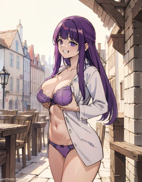 (Best Quality, Masterpiece),sexy, erotic, 1girl, 18 years old, Contempt, pride, long purple hair, looking at viewer, medival town, (standing), ((town square)), sweat, ((cleavage)), warm light, ((breast grab)), excited, (happy), ((mouth opened)), ((((suspic...