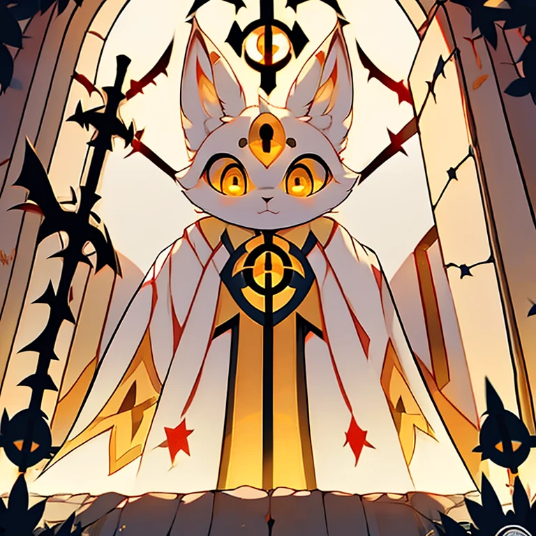 ( 白いウサギ)  巨人への古代の扉を守る ( シンボルが描かれた金色の白いマント) ( ドアのシンボルの星が正面中央にある) ( 金色の目)  ( 杖を持っている) ( 女性) ( ふわふわ)