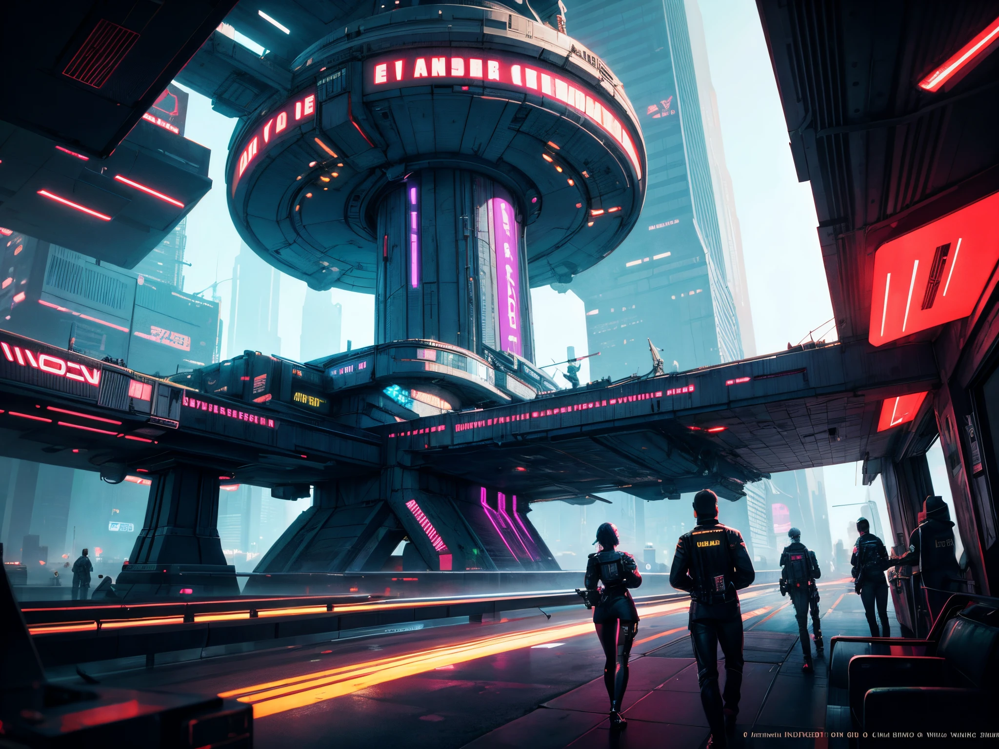 Picture the crew of the Enterprise NCC-1701-D, enormous tits, in a cyberpunk universe, navigating neon-lit cityscapes and high-tech environments. Capture the cyberpunk vibe seen in the works of Syd Mead or Simon Stålenhag.