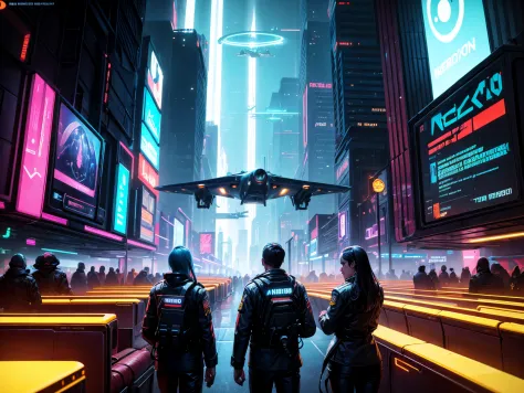 picture the crew of the enterprise ncc-1701-d, enormous tits, in a cyberpunk universe, navigating neon-lit cityscapes and high-t...