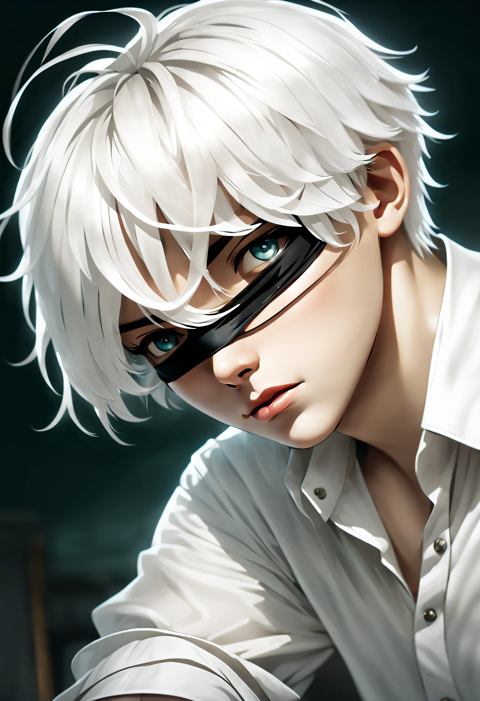 schoolboy, Short gray hair, White color blouse, pretty  face, white blindfold, first person perspective, Best quality at best, high detal