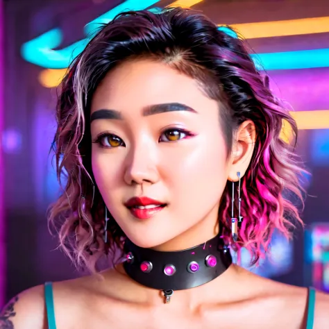 portrait cyber cafe close up beautiful cyberpunk asian woman face with multicolor eyes and short messy curly hair, best quality,...